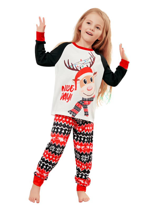 Cartoon-style smiling reindeer with Christmas motifs, geometric shapes