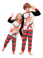 Cartoon-style smiling reindeer with Christmas motifs, geometric shapes