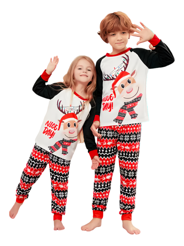 Cartoon-style smiling reindeer with Christmas motifs, geometric shapes