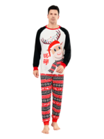 Cartoon-style smiling reindeer with Christmas motifs, geometric shapes