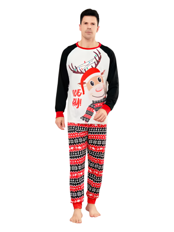 Cartoon-style smiling reindeer with Christmas motifs, geometric shapes