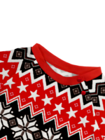 Cartoon-style smiling reindeer with Christmas motifs, geometric shapes