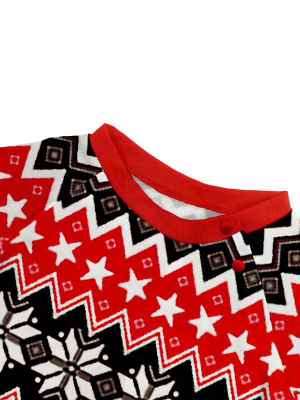 Cartoon-style smiling reindeer with Christmas motifs, geometric shapes