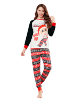 Cartoon-style smiling reindeer with Christmas motifs, geometric shapes