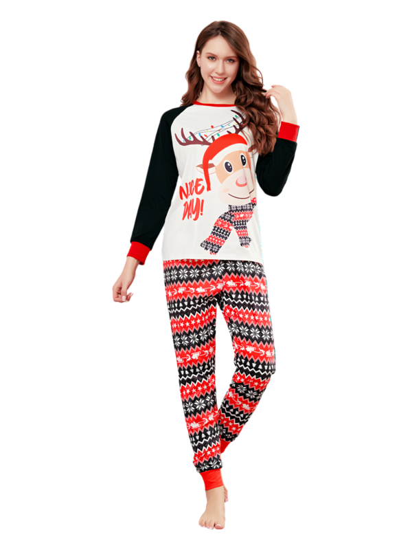 Cartoon-style smiling reindeer with Christmas motifs, geometric shapes