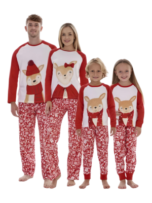 Christmas pyjamas with little reindeer wearing christmas hats and scarves