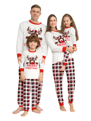 Discreet reindeer wearing a beret, authentic checked family pyjamas