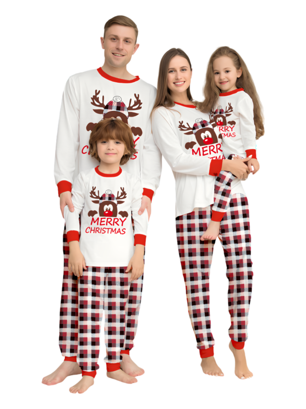 Discreet reindeer wearing a beret, authentic checked family pyjamas