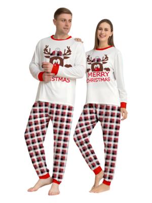 Discreet reindeer wearing beret checked christmas pyjamas couples front