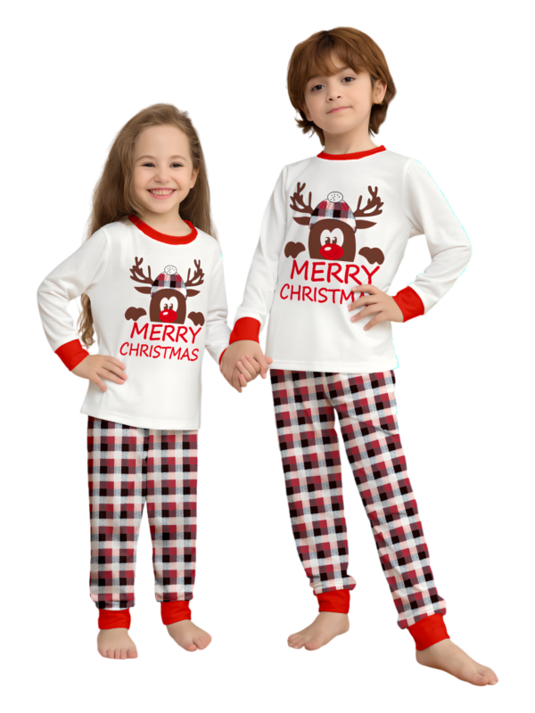 Discreet reindeer wearing a beret, authentic checked family pyjamas