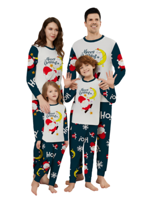 Funny Father Christmas clinging to his moon, family Christmas pyjamas