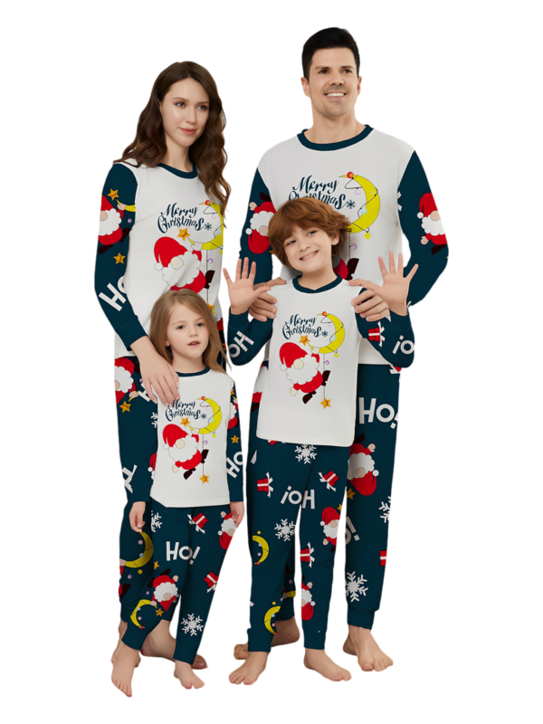 Funny Father Christmas clinging to his moon, family Christmas pyjamas