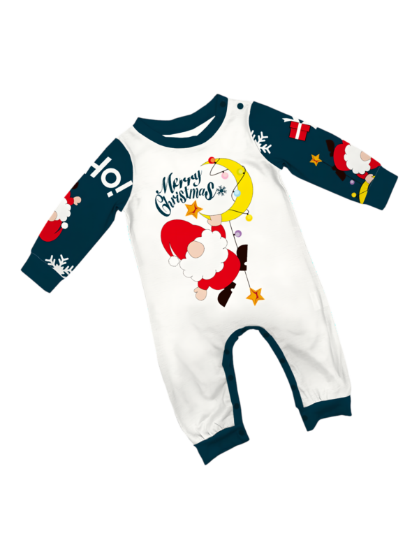 Funny Father Christmas clinging to his moon, family Christmas pyjamas