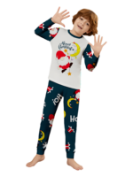Funny Father Christmas clinging to his moon, family Christmas pyjamas
