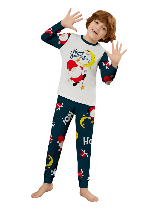 Funny Father Christmas clinging to his moon, family Christmas pyjamas