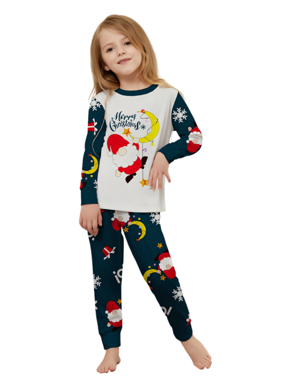 Funny Father Christmas clinging to his moon, family Christmas pyjamas