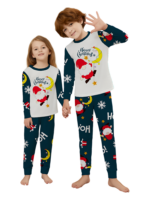 Funny Father Christmas clinging to his moon, family Christmas pyjamas