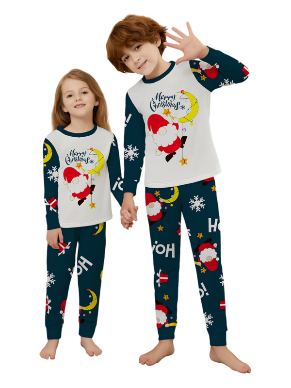 Funny Father Christmas clinging to his moon, family Christmas pyjamas