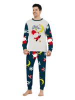 Funny Father Christmas clinging to his moon, family Christmas pyjamas