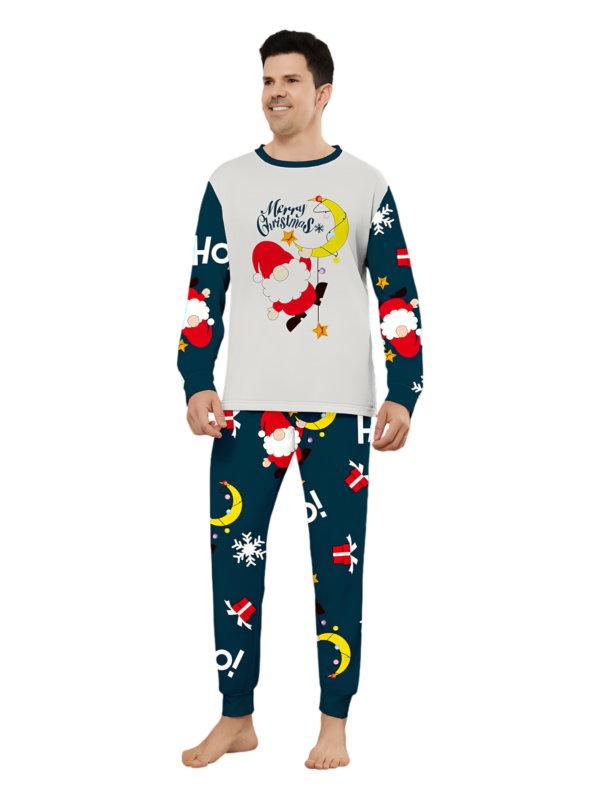 Funny Father Christmas clinging to his moon, family Christmas pyjamas