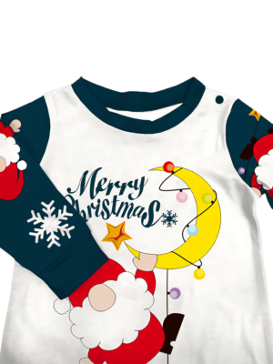 Funny father christmas clinging to his moon family pyjamas motif details