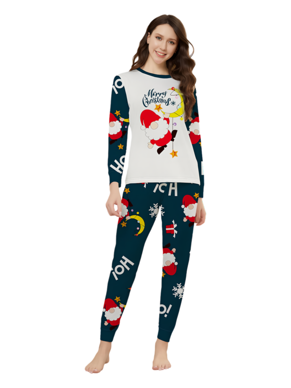 Funny Father Christmas clinging to his moon, family Christmas pyjamas