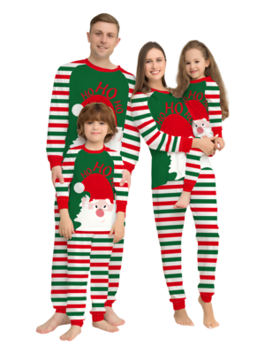 Green and red striped family, couples pyjamas with Santa's head