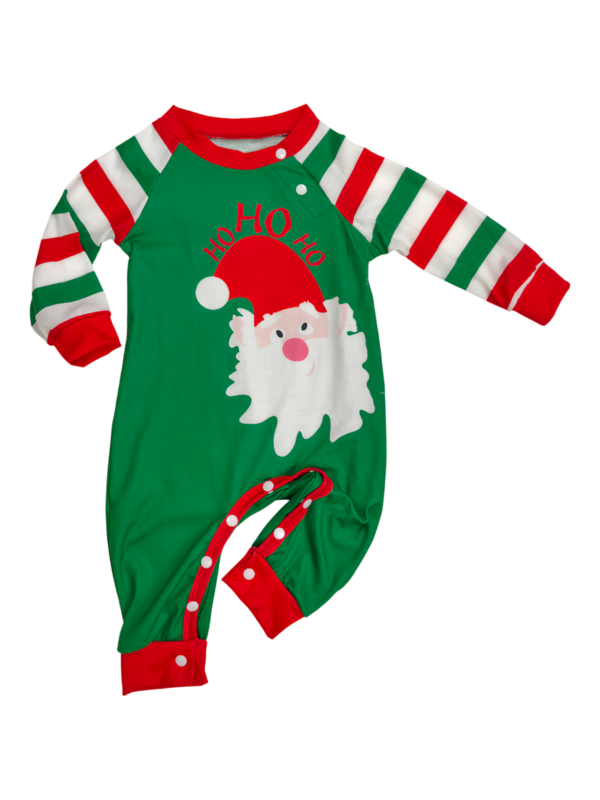 Green and red striped family, couples pyjamas with Santa's head
