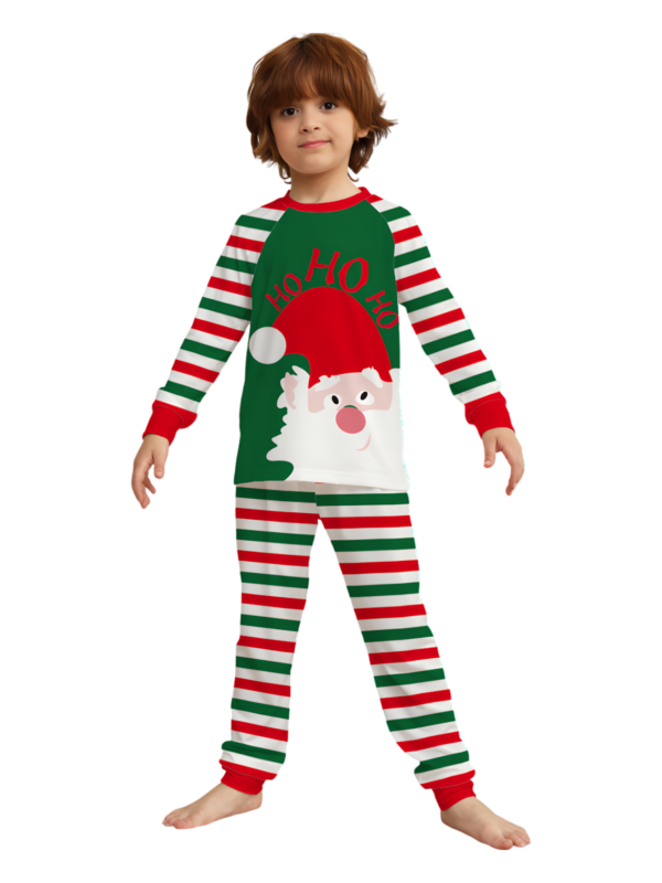 Green and red striped family, couples pyjamas with Santa's head