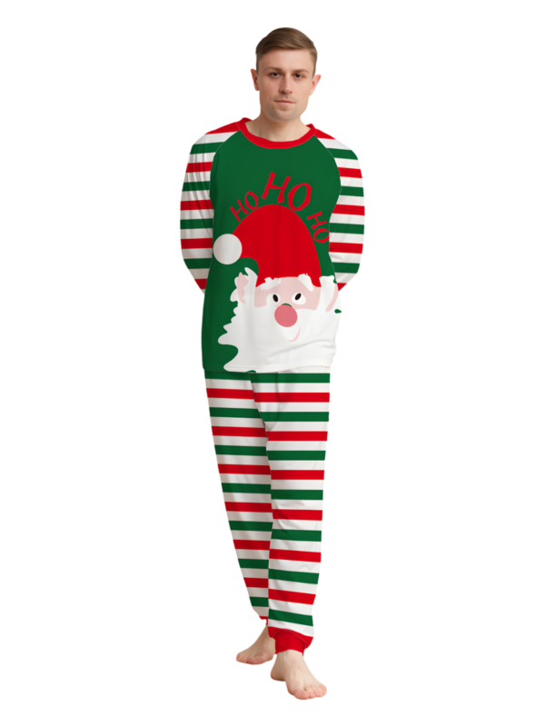 Green and red striped family, couples pyjamas with Santa's head