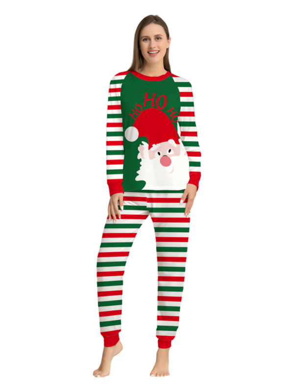 Green and red striped family, couples pyjamas with Santa's head