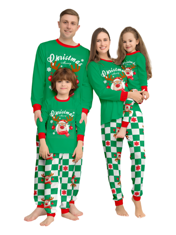 Green check Christmas pyjamas of a reindeer decorated with baubles