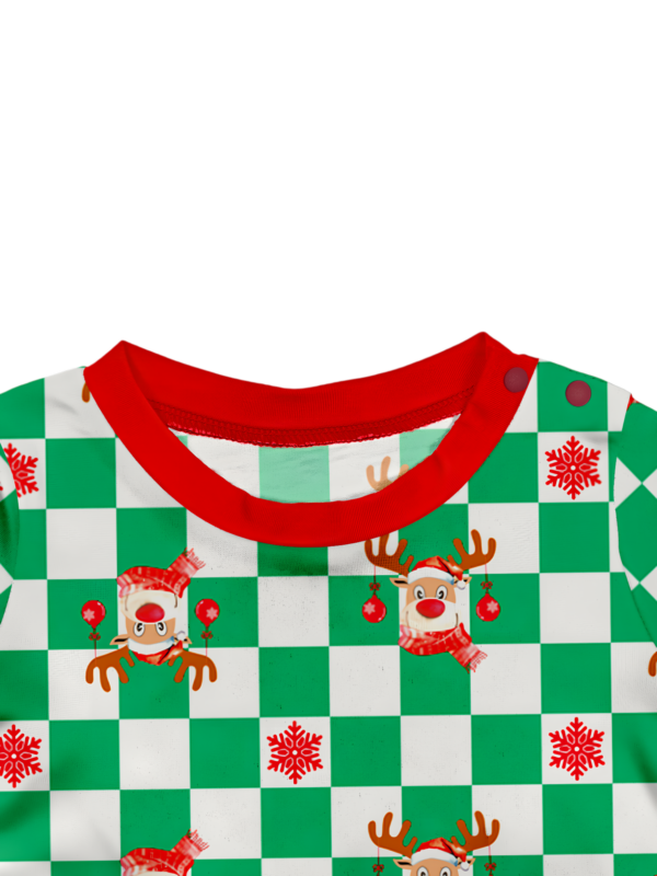 Green check Christmas pyjamas of a reindeer decorated with baubles