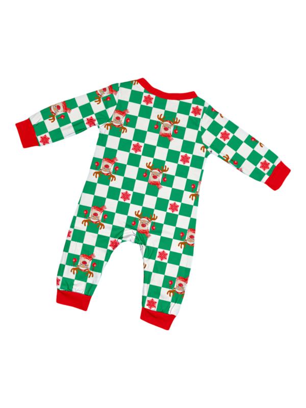 Green check Christmas pyjamas of a reindeer decorated with baubles