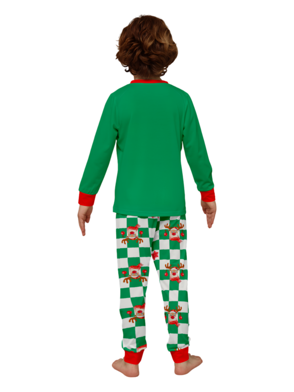 Green check Christmas pyjamas of a reindeer decorated with baubles