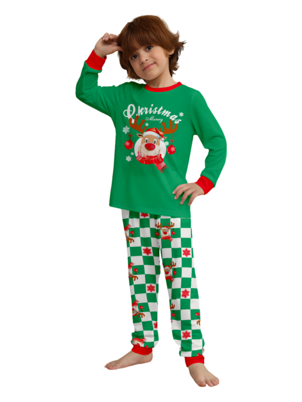 Green check Christmas pyjamas of a reindeer decorated with baubles