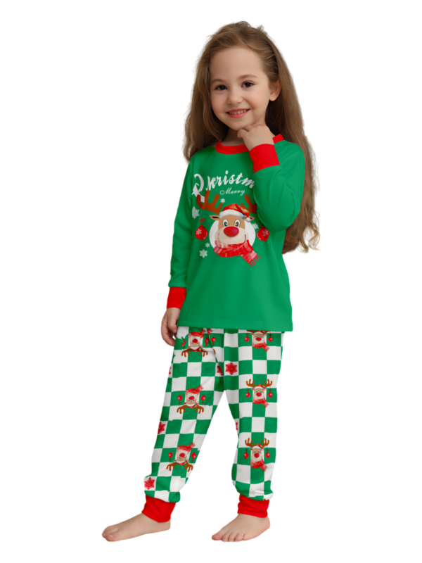 Green check Christmas pyjamas of a reindeer decorated with baubles