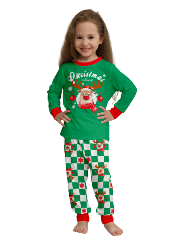 Green check Christmas pyjamas of a reindeer decorated with baubles