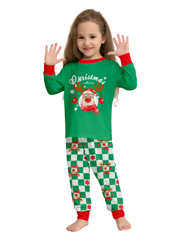 Green check Christmas pyjamas of a reindeer decorated with baubles