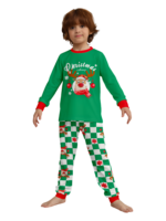 Green check Christmas pyjamas of a reindeer decorated with baubles