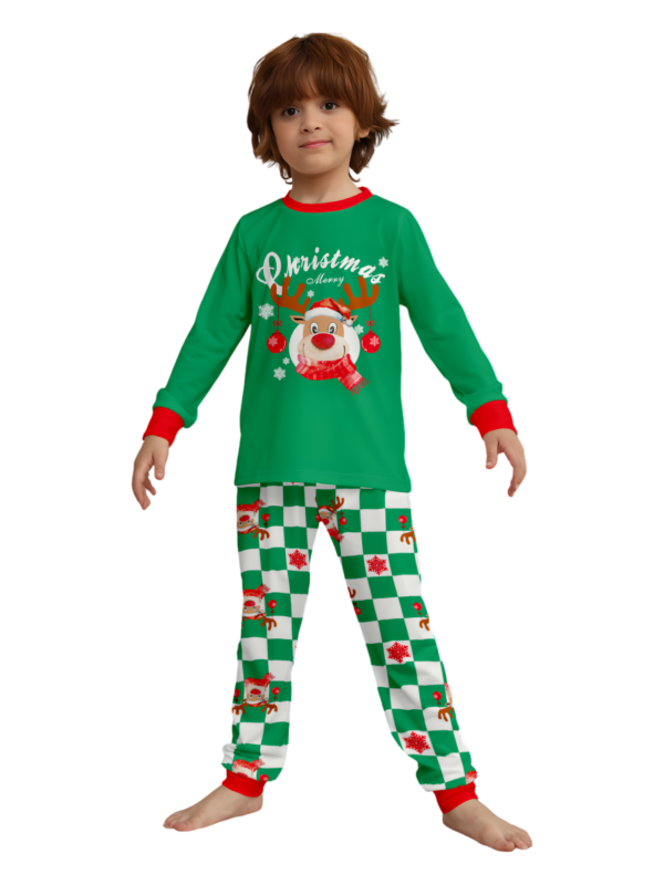Green check Christmas pyjamas of a reindeer decorated with baubles