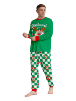 Green check Christmas pyjamas of a reindeer decorated with baubles