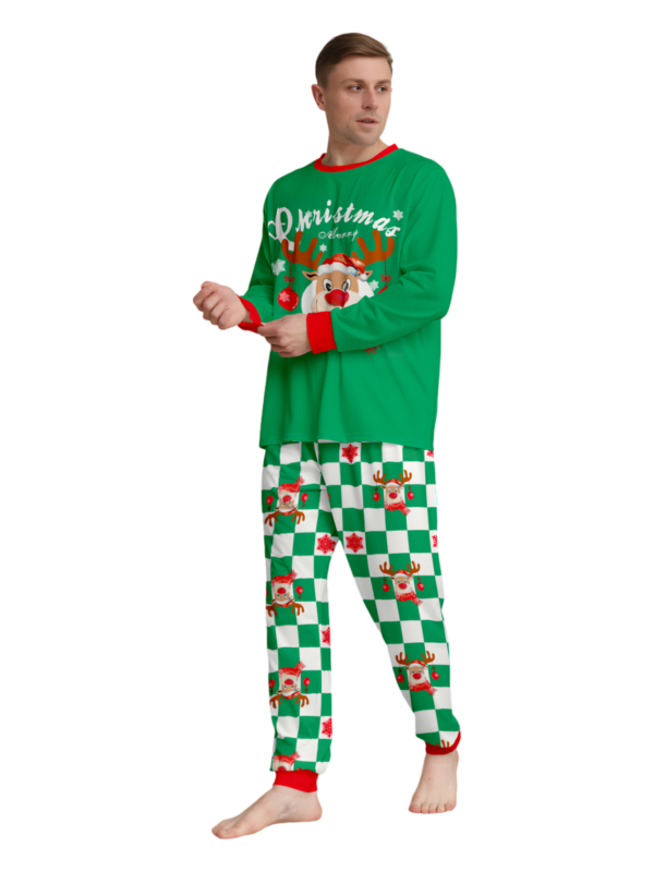 Green check Christmas pyjamas of a reindeer decorated with baubles