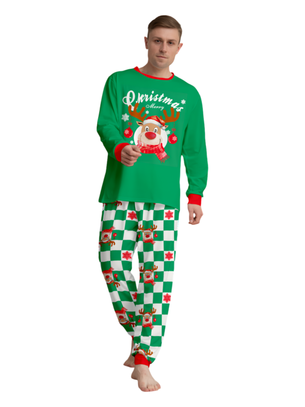 Green check Christmas pyjamas of a reindeer decorated with baubles
