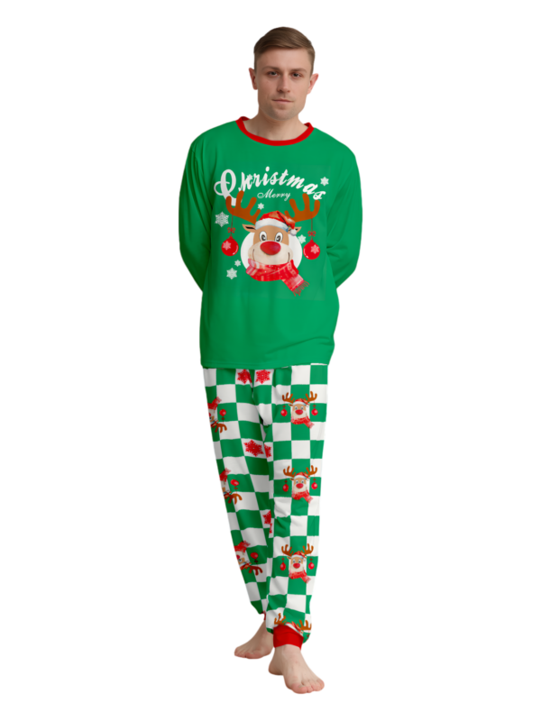 Green check Christmas pyjamas of a reindeer decorated with baubles