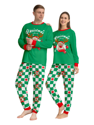 Green squared family Christmas pyjamas with smiling reindeer decorated with baubles matching couples