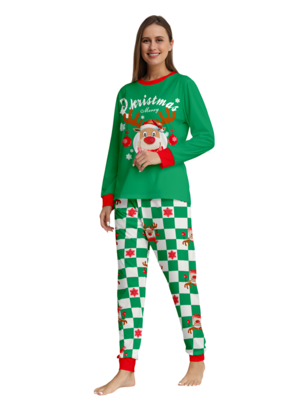 Green check Christmas pyjamas of a reindeer decorated with baubles