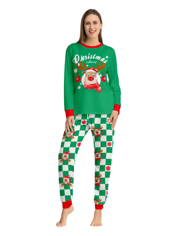 Green check Christmas pyjamas of a reindeer decorated with baubles