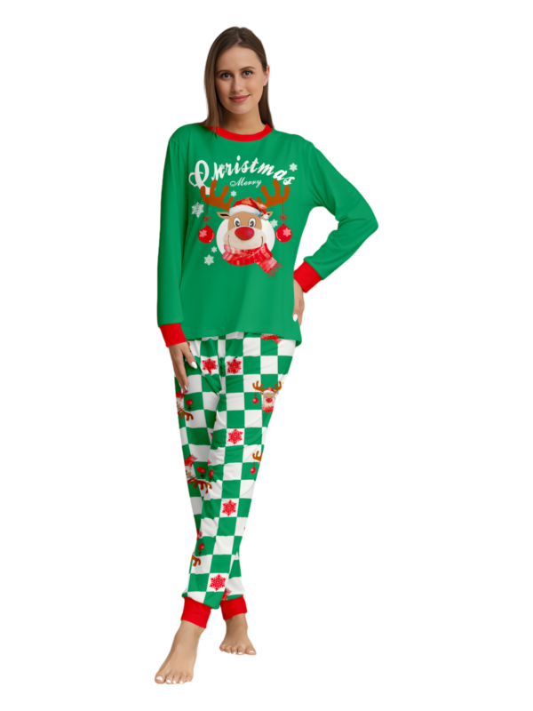 Green check Christmas pyjamas of a reindeer decorated with baubles