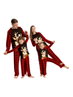 Reindeer very happy with his gift, pyjamas for families in red, black checks